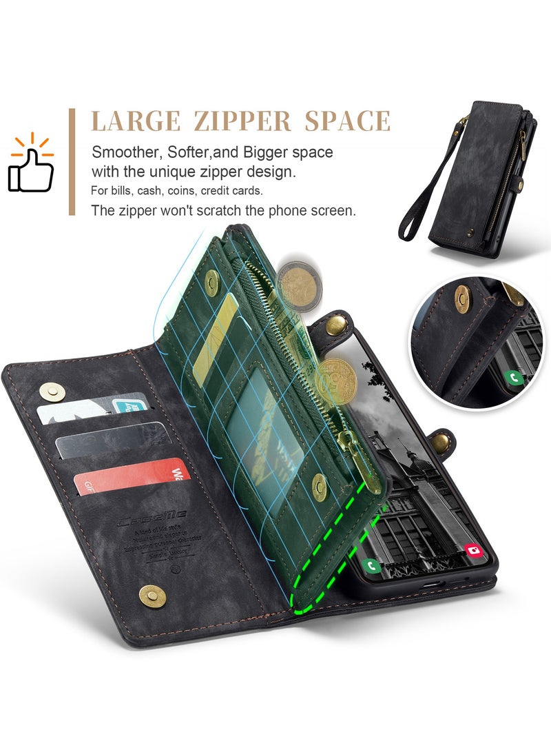 CaseMe Protective Phone Cover Case Wallet Case For Samsung Galaxy S24 Plus, 2 in 1 Detachable Premium Leather Magnetic Zipper Pouch Wristlet Flip Phone Case (Black) - Image 4