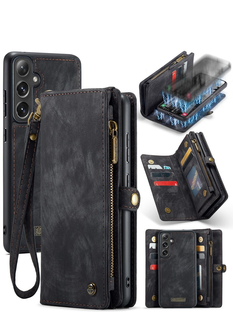 CaseMe Protective Phone Cover Case Wallet Case For Samsung Galaxy S24 Plus, 2 in 1 Detachable Premium Leather Magnetic Zipper Pouch Wristlet Flip Phone Case (Black) - Image 2