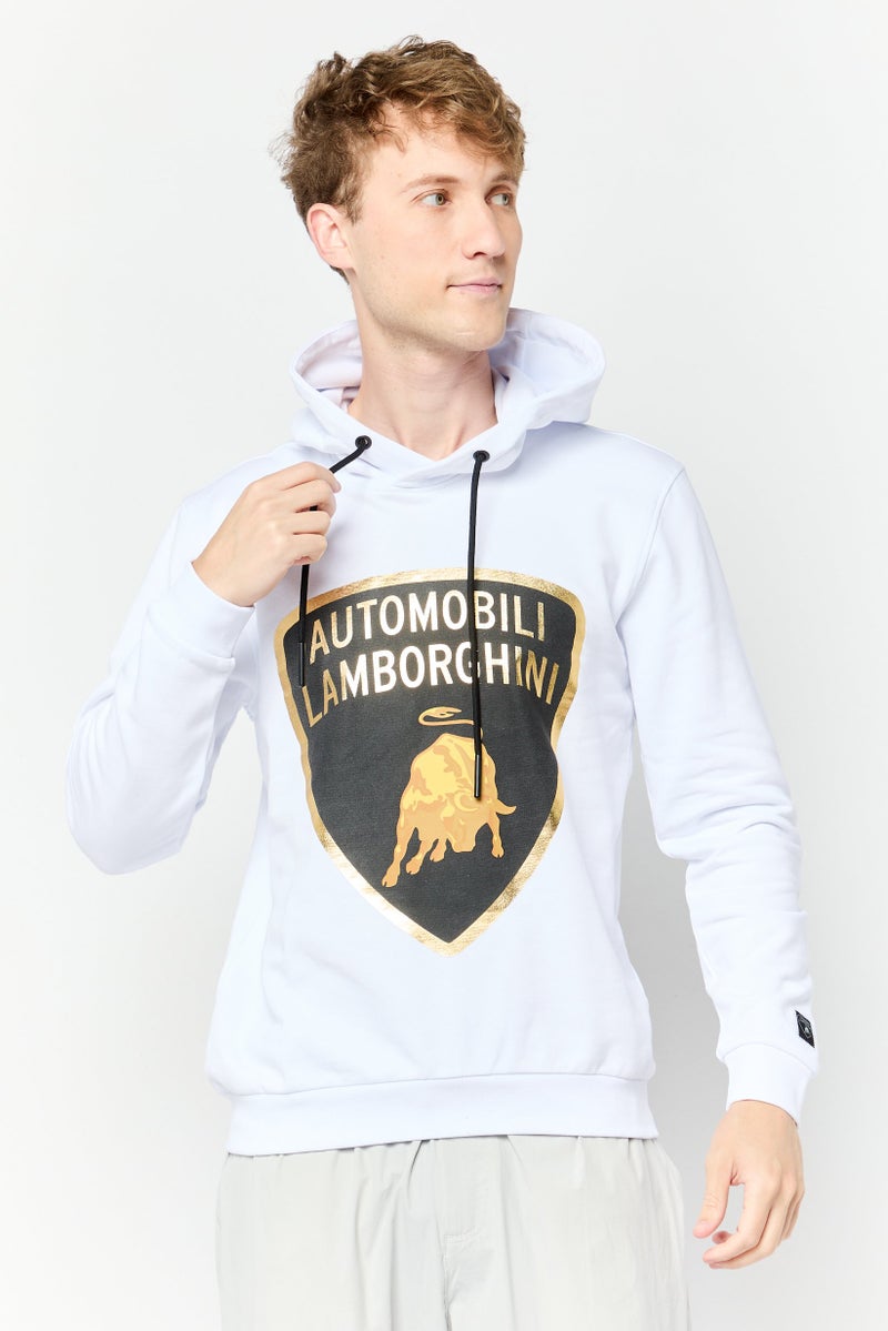 LAMBORGHINI Men Brand Logo Long Sleeve Hoodie, White  - Image 1