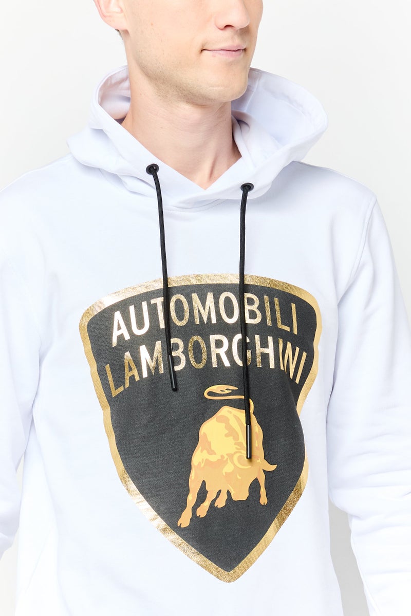 LAMBORGHINI Men Brand Logo Long Sleeve Hoodie, White  - Image 3
