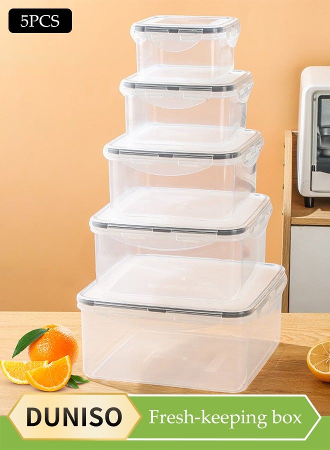 DUNISO 5 قطع من حاويات تخزين الطعام البلاستيكية، مجموعة صناديق مربعة قابلة للتكديس للحفاظ على الطازج، صندوق بينتو محكم الإغلاق للمطبخ، مع غطاء قفل سريع، سهل التنظيف، مناسب لأفران الميكروويف، الثلاجات، الخزائن، شفاف - Image 1