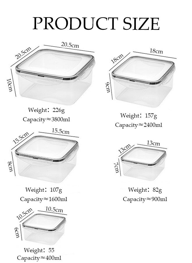DUNISO 5 قطع من حاويات تخزين الطعام البلاستيكية، مجموعة صناديق مربعة قابلة للتكديس للحفاظ على الطازج، صندوق بينتو محكم الإغلاق للمطبخ، مع غطاء قفل سريع، سهل التنظيف، مناسب لأفران الميكروويف، الثلاجات، الخزائن، شفاف - Image 2