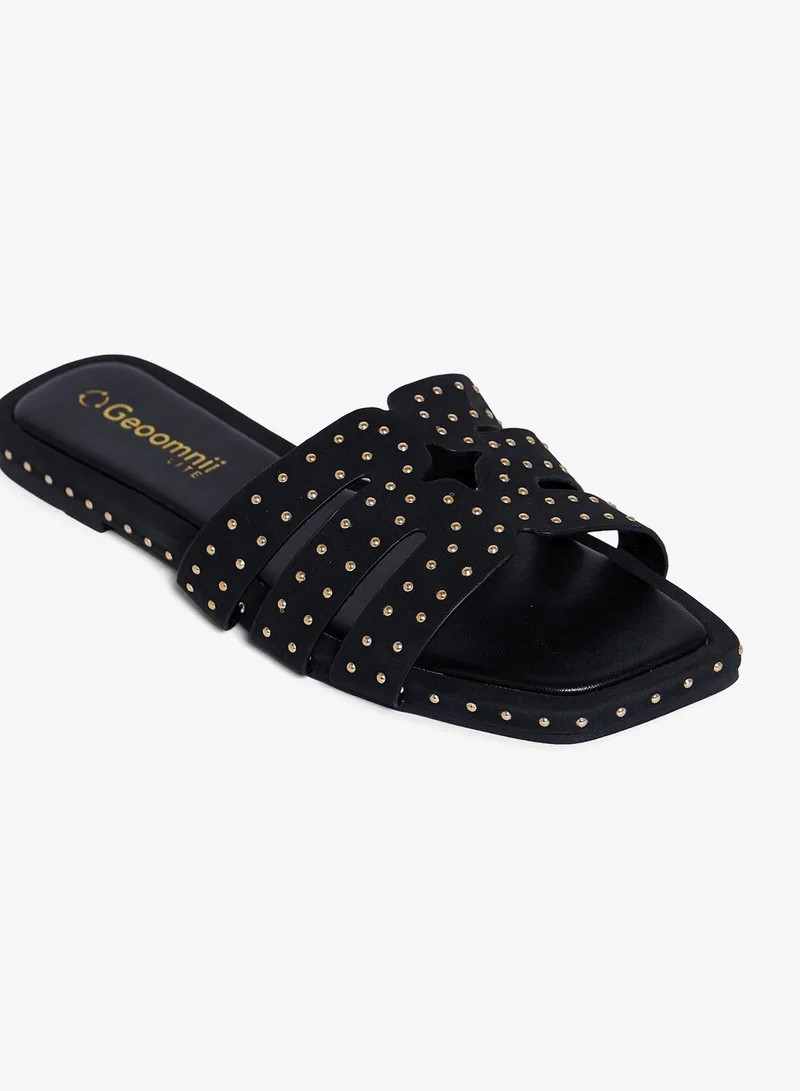 Geoomnii BLACK Geoomnii Flat Sandals for Women – Comfortable Slip-On Casual Summer Sandals for Daily Wear, Walking & Travel for Women | Best Price UAE