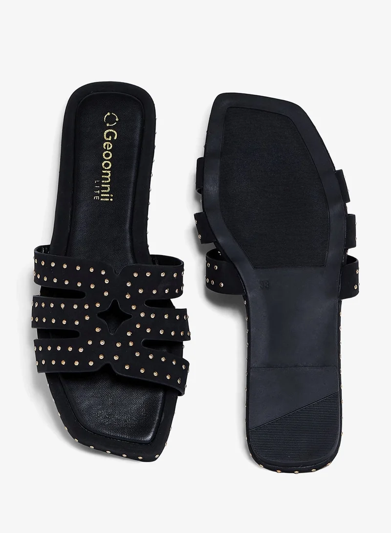 Geoomnii BLACK Geoomnii Flat Sandals for Women – Comfortable Slip-On Casual Summer Sandals for Daily Wear, Walking & Travel for Women | Best Price UAE