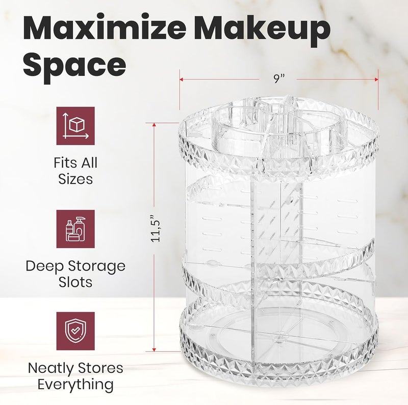 Masirs 360 Rotating Makeup Organizer Diamond Design - Adjustable Shelf Height and Fully Rotatable - The Perfect Round Spinning Cosmetic Organizer for Bedroom Dresser or Vanity Countertop Storage (Clear) - Image 2