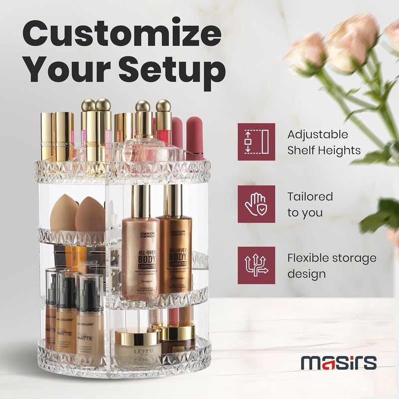 Masirs 360 Rotating Makeup Organizer Diamond Design - Adjustable Shelf Height and Fully Rotatable - The Perfect Round Spinning Cosmetic Organizer for Bedroom Dresser or Vanity Countertop Storage (Clear) - Image 3