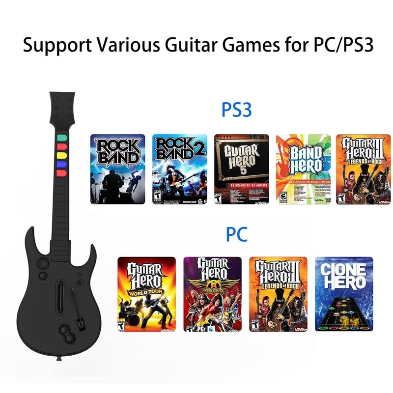 NBCP Guitar Hero Controller PC, Wireless PS3 /PC Guitar Hero Guitar with Dongle for Clone Hero, Guitar Hero 3/4/5 Rock Band 1/2 Games Black - Image 2