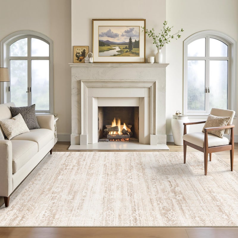 Soalmost Area Rugs 5x7 for Living Room, Floral Washable Rugs for Dining Room, Bedroom, Kitchen, Vintage Non-Slip Thin Area Rug Beige Ivory - Image 1