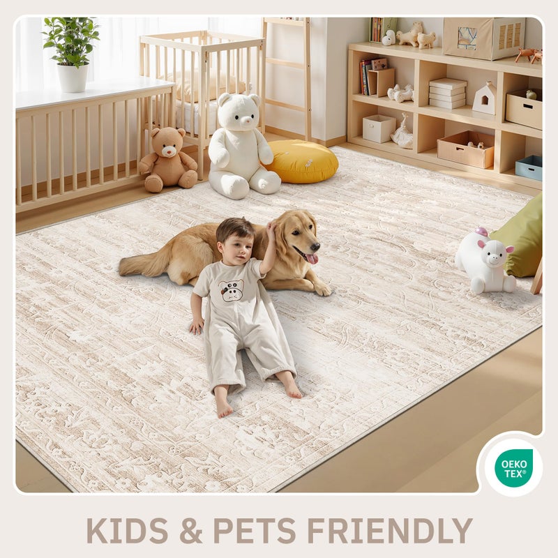 Soalmost Area Rugs 5x7 for Living Room, Floral Washable Rugs for Dining Room, Bedroom, Kitchen, Vintage Non-Slip Thin Area Rug Beige Ivory - Image 3