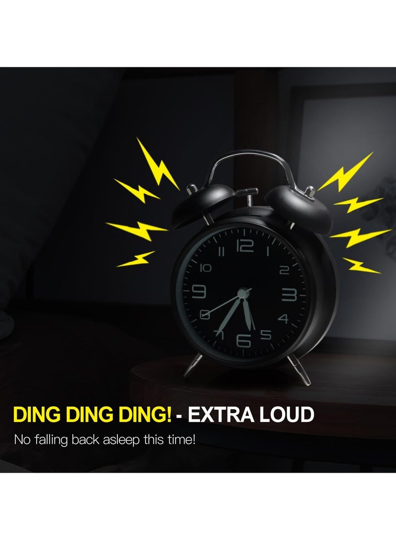 Non-Ticking Twin Bell Alarm Clock - Metal Frame 3D Dial with Backlight Function - Desk Table Clock for Home  Office - Midnight Black - Image 3