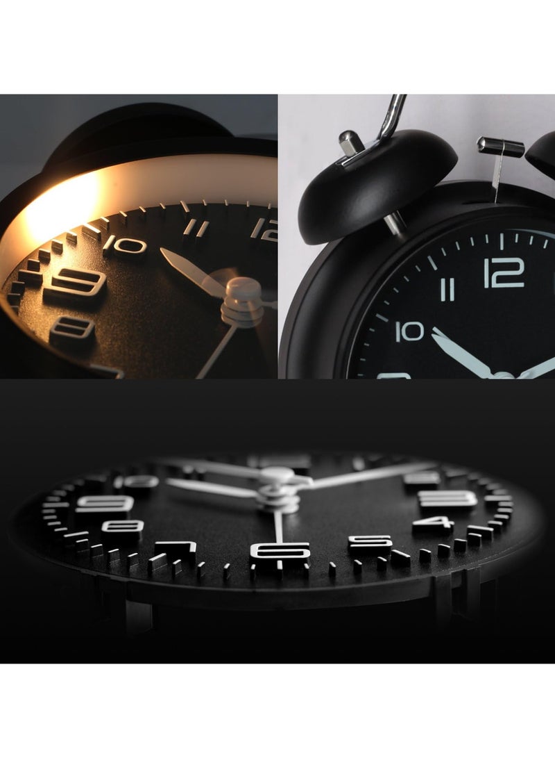 Non-Ticking Twin Bell Alarm Clock - Metal Frame 3D Dial with Backlight Function - Desk Table Clock for Home  Office - Midnight Black - Image 4