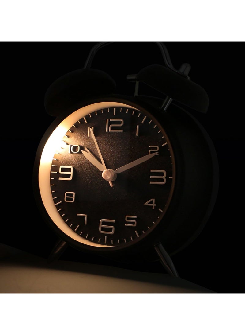 Non-Ticking Twin Bell Alarm Clock - Metal Frame 3D Dial with Backlight Function - Desk Table Clock for Home  Office - Midnight Black - Image 5