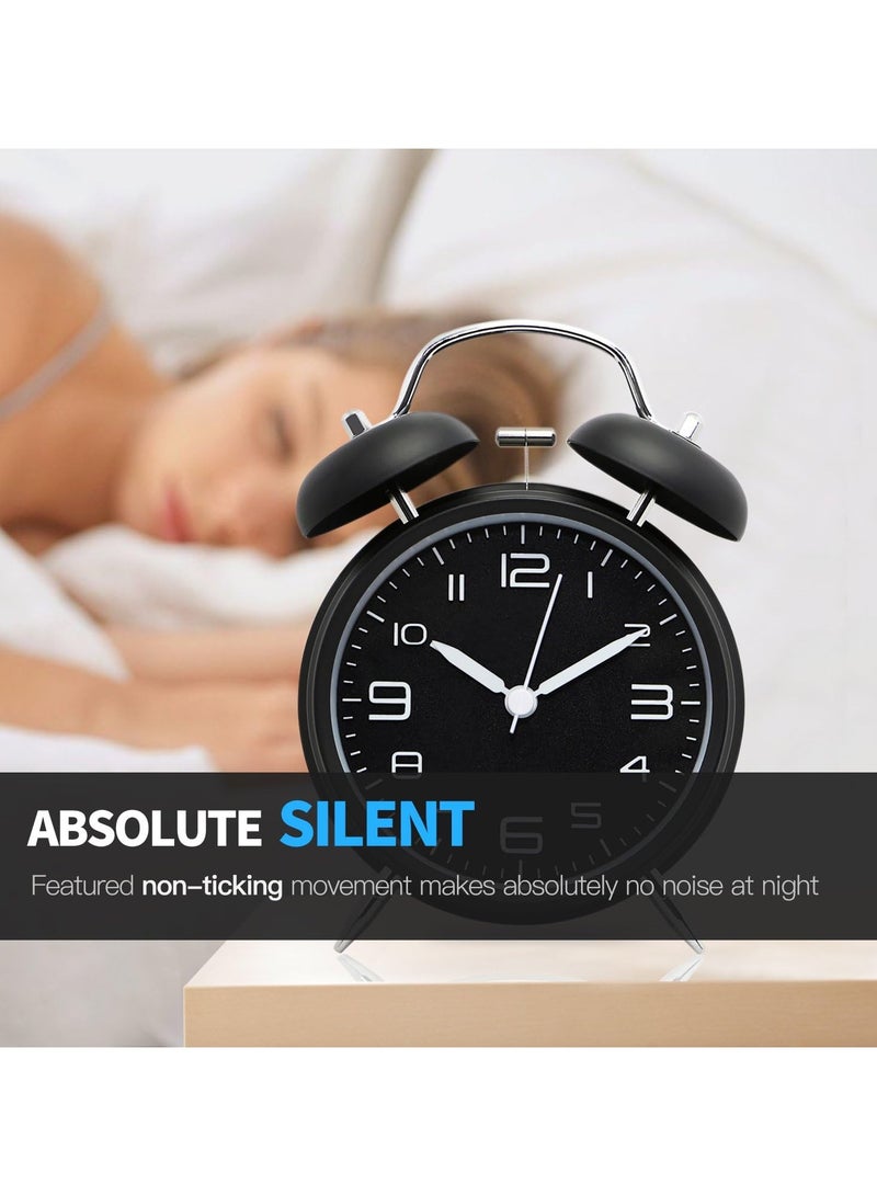 Non-Ticking Twin Bell Alarm Clock - Metal Frame 3D Dial with Backlight Function - Desk Table Clock for Home  Office - Midnight Black - Image 2