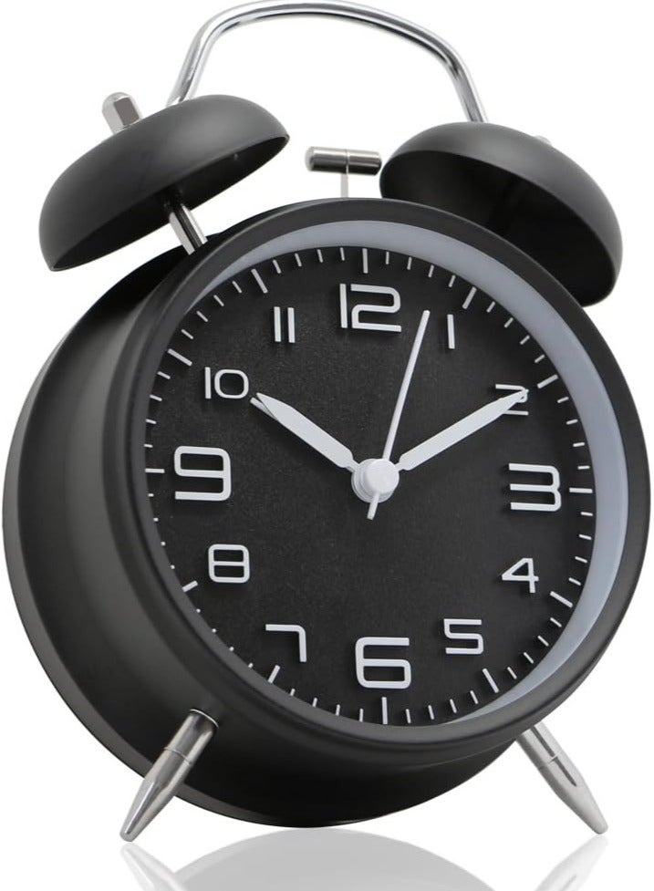 Non-Ticking Twin Bell Alarm Clock - Metal Frame 3D Dial with Backlight Function - Desk Table Clock for Home  Office - Midnight Black - Image 1
