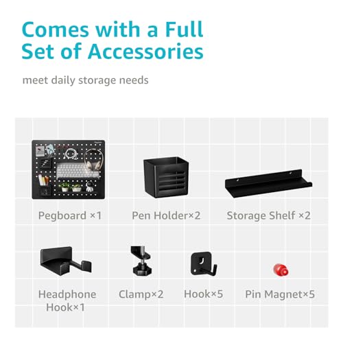 PEGZONE Clamp-on Desk Pegboard, Desk Organizer for Office Gaming Home, Magnetic Metal Peg Board with 15 Accessories, Privacy Panel for Office, 20.4" x 16.5", Large, Black - Image 5
