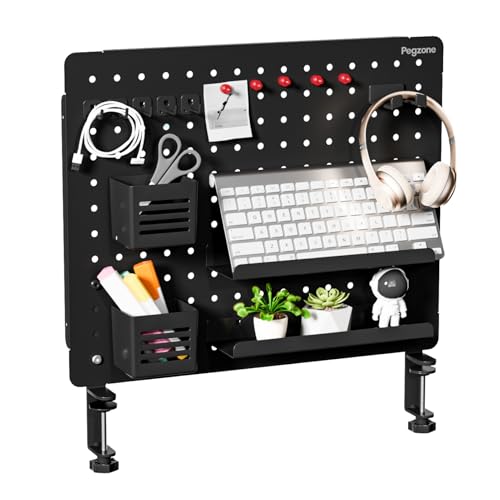 PEGZONE Clamp-on Desk Pegboard, Desk Organizer for Office Gaming Home, Magnetic Metal Peg Board with 15 Accessories, Privacy Panel for Office, 20.4" x 16.5", Large, Black - Image 1