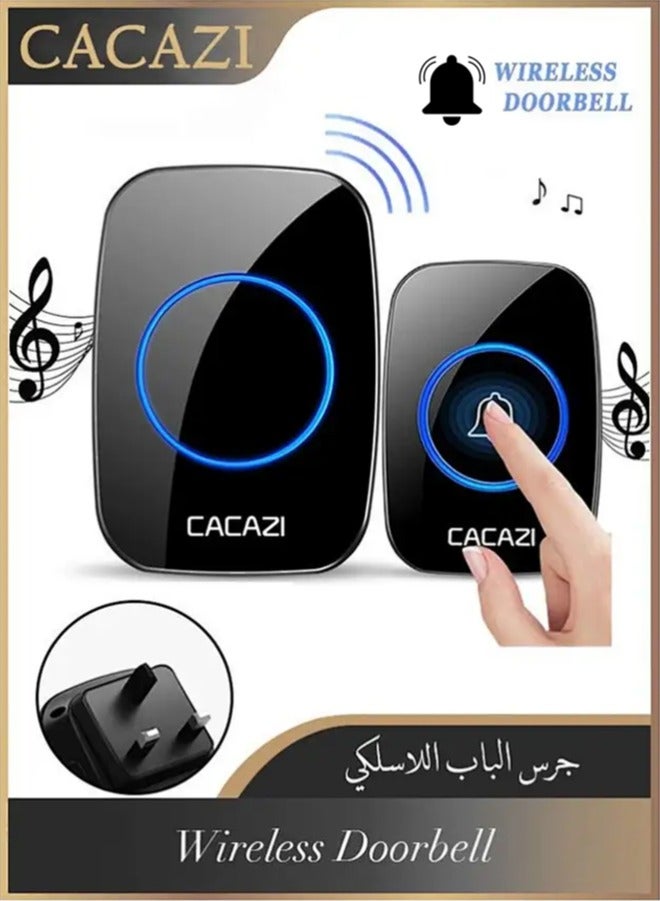 كاكازي جرس باب لاسلكي مقاوم للماء مع فلاش LED ، مدى يزيد عن 1000 قدم ، 60 صوتا و 5 مستويات من الصوت ، جرس باب لاسلكي للمنزل والمكتب والشقة والفندق والمستودع ومضاد للسرقة أسود - Image 1