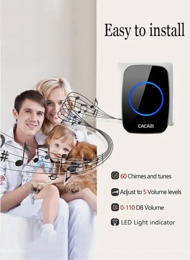 كاكازي جرس باب لاسلكي مقاوم للماء مع فلاش LED ، مدى يزيد عن 1000 قدم ، 60 صوتا و 5 مستويات من الصوت ، جرس باب لاسلكي للمنزل والمكتب والشقة والفندق والمستودع ومضاد للسرقة أسود - Image 5