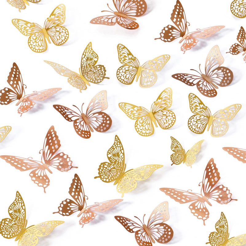 SAOROPEB 3D Butterfly Wall Decor, 48 Pcs 4 Styles 2 Color 3 Sizes, Removable Metallic Wall Sticker Room Mural Decals for Kids Bedroom Nursery Classroom Party Decoration (2 Color) - Image 1