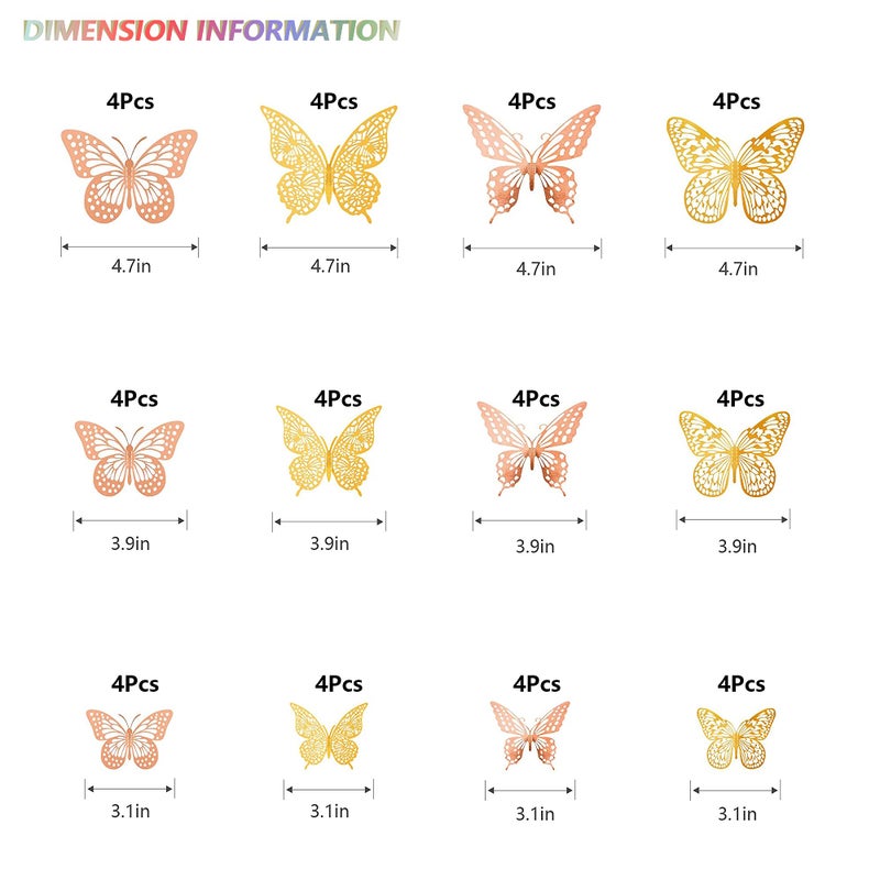 SAOROPEB 3D Butterfly Wall Decor, 48 Pcs 4 Styles 2 Color 3 Sizes, Removable Metallic Wall Sticker Room Mural Decals for Kids Bedroom Nursery Classroom Party Decoration (2 Color) - Image 5