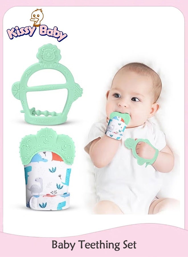 Kissy Baby 2PCS Baby Teething Set, Includes Baby Chew Toy and Silicone Mitten Teether Glove, Infant Soothing Pain Relief for Baby (Green) - Image 1