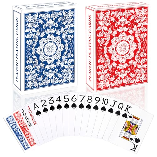 Metsyth Plastic Playing Cards Waterproof Cards Poker Card 2 Pack Playing Card Large Print for Adults Seniors Deck of Card Set Poker Cards for Beach Trip Pool Party Games Blue Red - Image 1