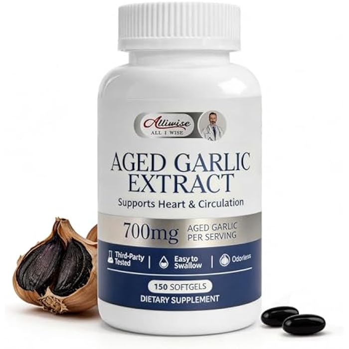 Alliwise Aged Black Garlic Extract 700mg with Vitamin D3 & K2 – Odorless Garlic Supplement for Heart & Circulation Support, High-Purity Age, Small Softgels, Easy to Digest, 3rd Party Tested - Image 1