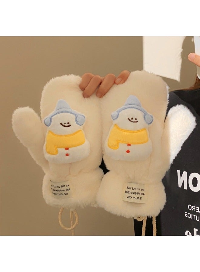 HelloKitty Plush Gloves Hello Kitty Leopard Full Finger Gloves Hanging Neck Women's Winter Cute Scarf Warm Scarf-Color:Blue Snowman Gloves-one Size - Image 1
