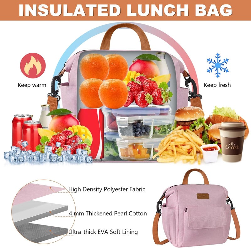 Joymee Lunch Bag Women Insulated Lunch Box Reusable Leakproof Large Spacious Cooler Tote for Women Men Adult with Bottle Holder and Side Pockets for Work Office Travel Picnic -08 Pink - Image 3
