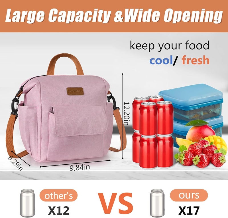 Joymee Lunch Bag Women Insulated Lunch Box Reusable Leakproof Large Spacious Cooler Tote for Women Men Adult with Bottle Holder and Side Pockets for Work Office Travel Picnic -08 Pink - Image 4