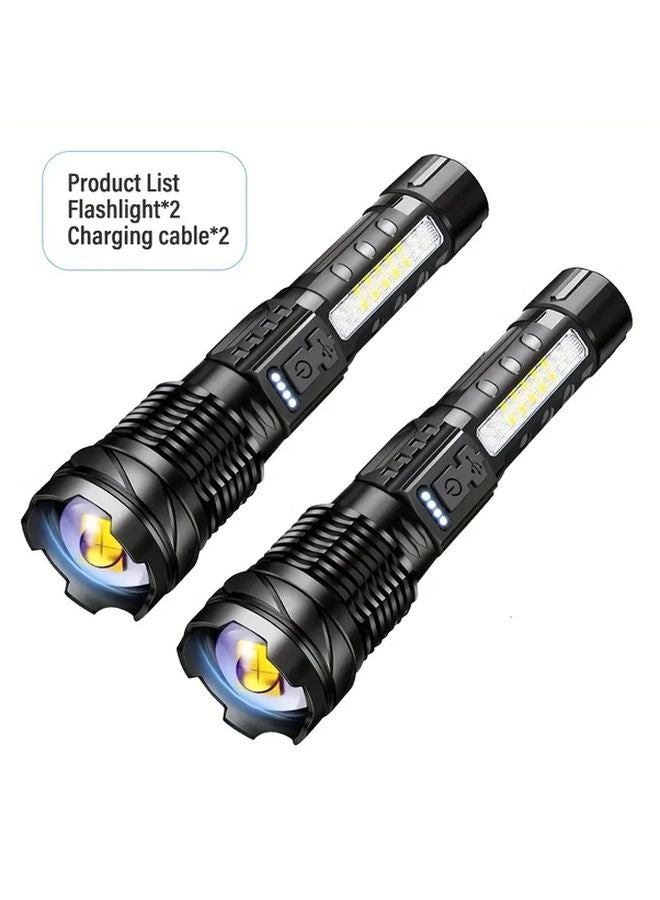 2pcs Rechargeable LED Flashlight With Telescopic Zoom 7 Modes For Outdoor Camping Emergency - Image 1