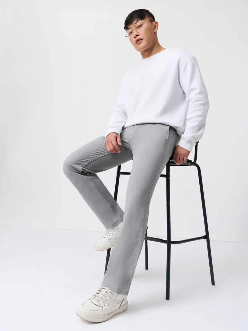 The Souled Store  The Souled Store : Chino Trousers Men And Boys Grey Solid Cotton Spandex Straight Fit Stretch Elasticated Waistband Trousers  | Best Price UAE