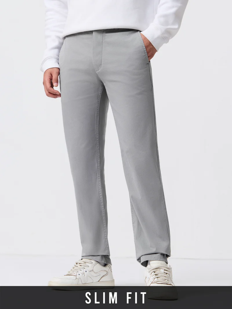 The Souled Store : Chino Trousers Men And Boys Grey Solid Cotton Spandex Straight Fit Stretch Elasticated Waistband Trousers