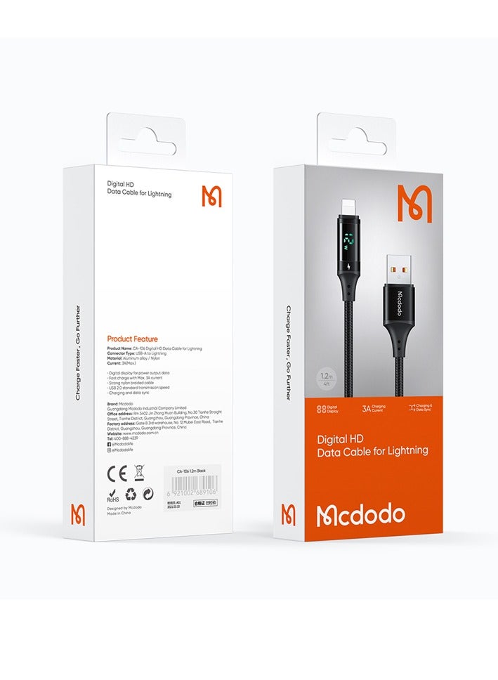 MCDODO CA-1060 Lightning 1.2M Digital Display Fast Charging Data Cable Black - Image 2