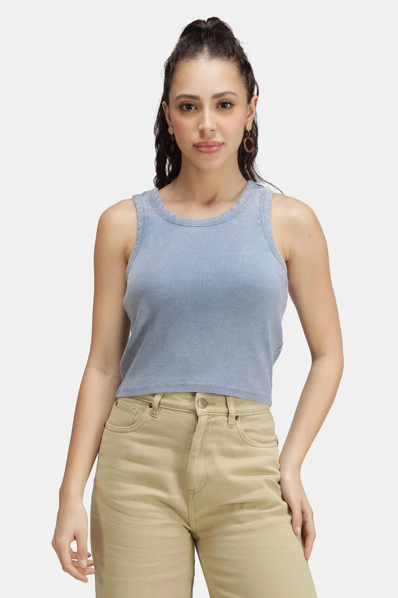 فيرجيو Solid Cotton Blue Overdyed Ribbed Crop Tank for Women