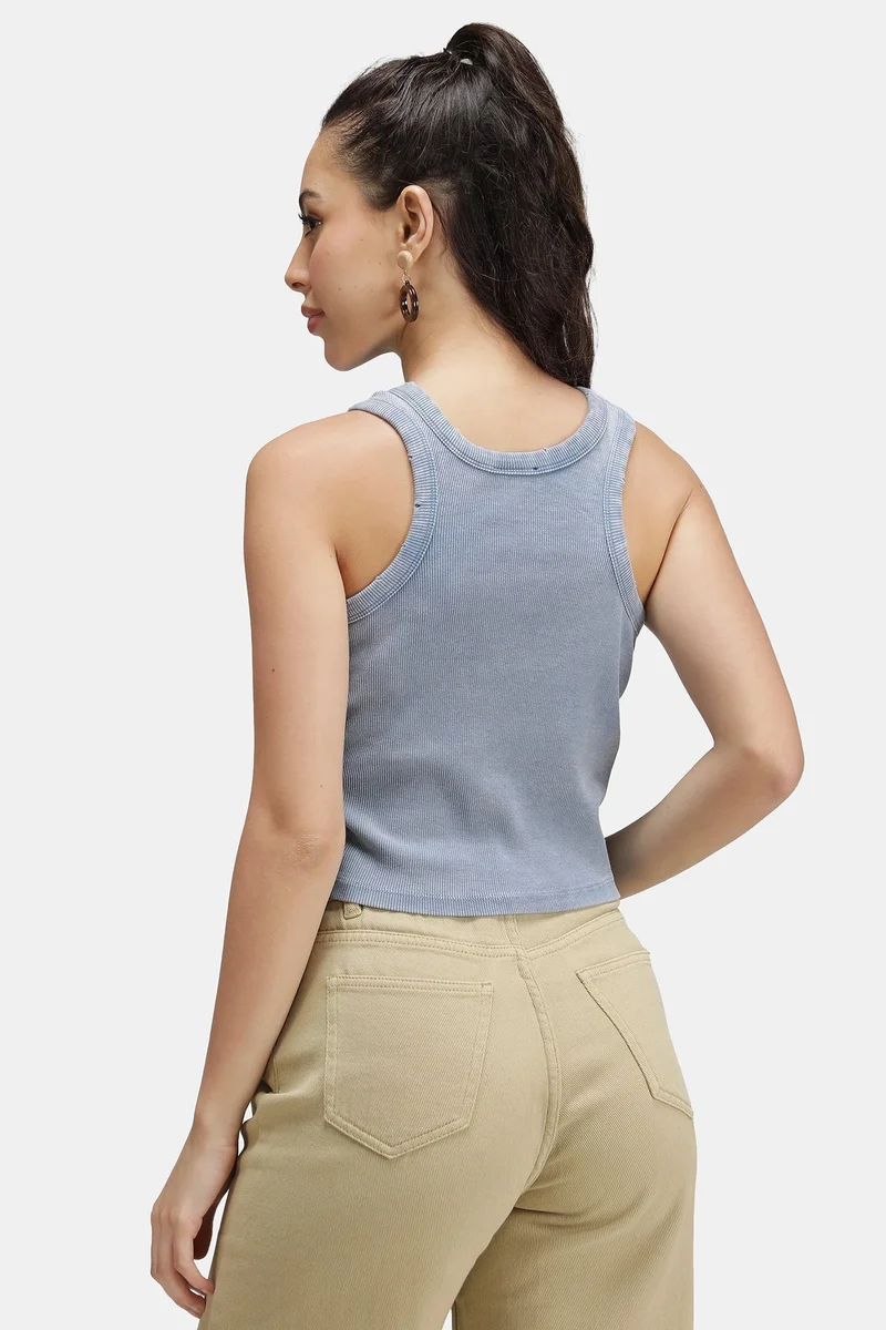 Virgio  Solid Cotton Blue Overdyed Ribbed Crop Tank for Women for Women | Best Price UAE