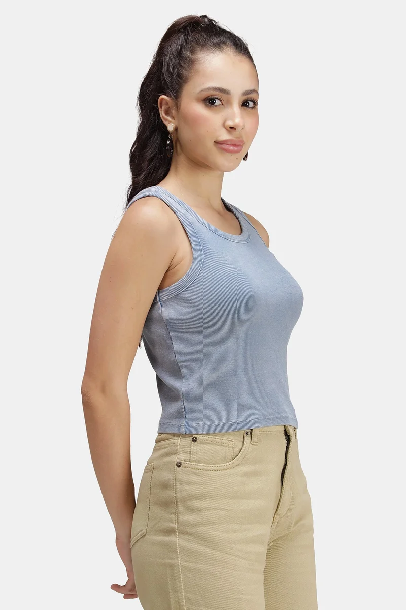 Virgio  Solid Cotton Blue Overdyed Ribbed Crop Tank for Women for Women | Best Price UAE