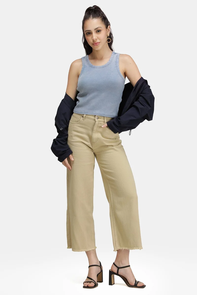 Virgio  Solid Cotton Blue Overdyed Ribbed Crop Tank for Women for Women | Best Price UAE