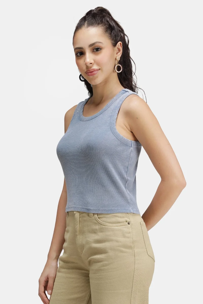 Virgio Solid Cotton Blue Overdyed Ribbed Crop Tank for Women