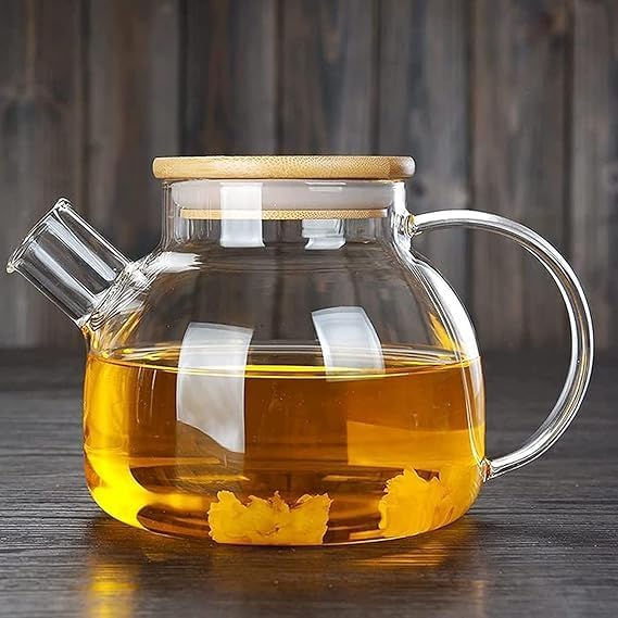 KRUPAVI Glass Teapot Glass Borosilicate Teapot with Strainer Glass Kettle with Removable Bamboo LidInfuser Stovetop Microwave Safe Loose Leaf Tea Maker Tea Brewer for Camping 1L Clear - Image 1