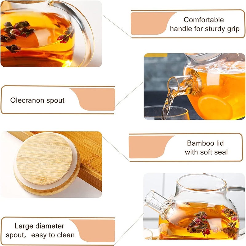 KRUPAVI Glass Teapot Glass Borosilicate Teapot with Strainer Glass Kettle with Removable Bamboo LidInfuser Stovetop Microwave Safe Loose Leaf Tea Maker Tea Brewer for Camping 1L Clear - Image 5