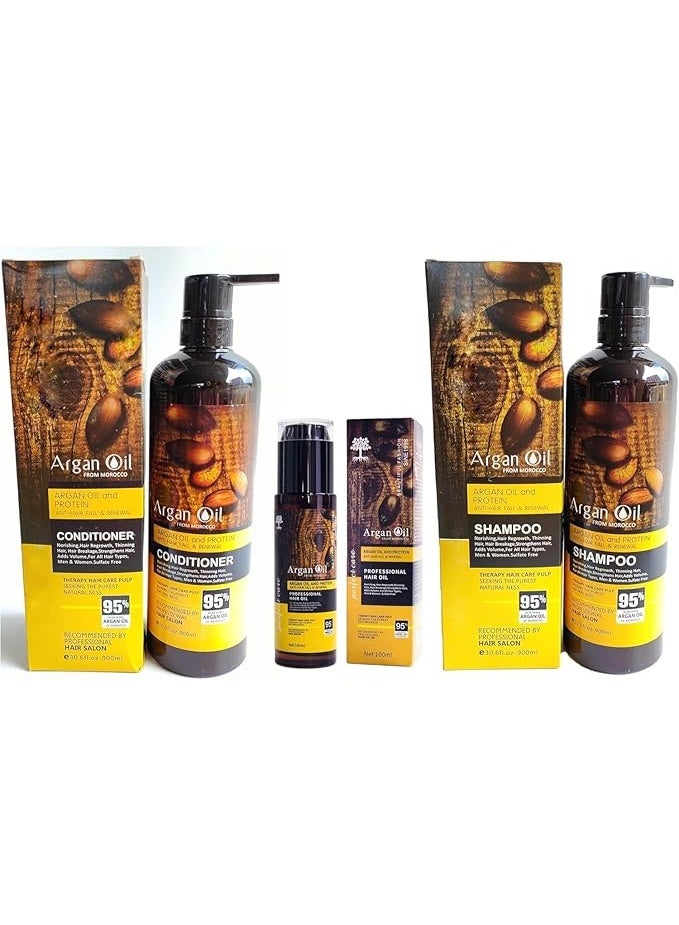 Protein queen Argan-Oil of Morocco SHAMPOO, CONDITIONER, HAIR OIL SET (Anti-Hair Fall & Renewal), Sulfate Free, Perfect for Damaged, Dry, Curly, Frizzy Hair - Thickening Formula for Fine/Thin Hair, Keratin Treat for Hair. - Image 1