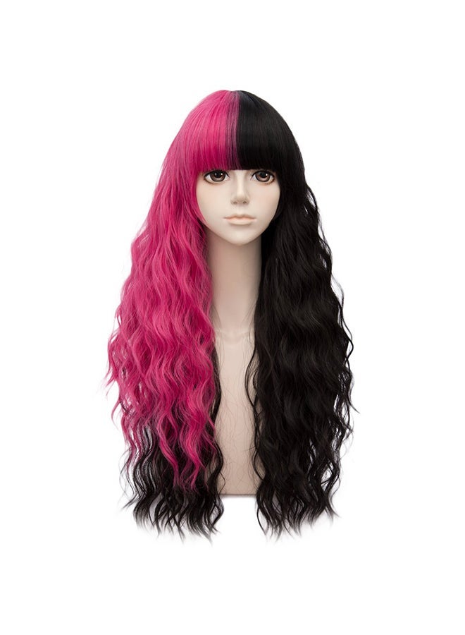 NIBEMINENT Long Curly Synthetic Cosplay Wig With Flat Bangs Black/Pink