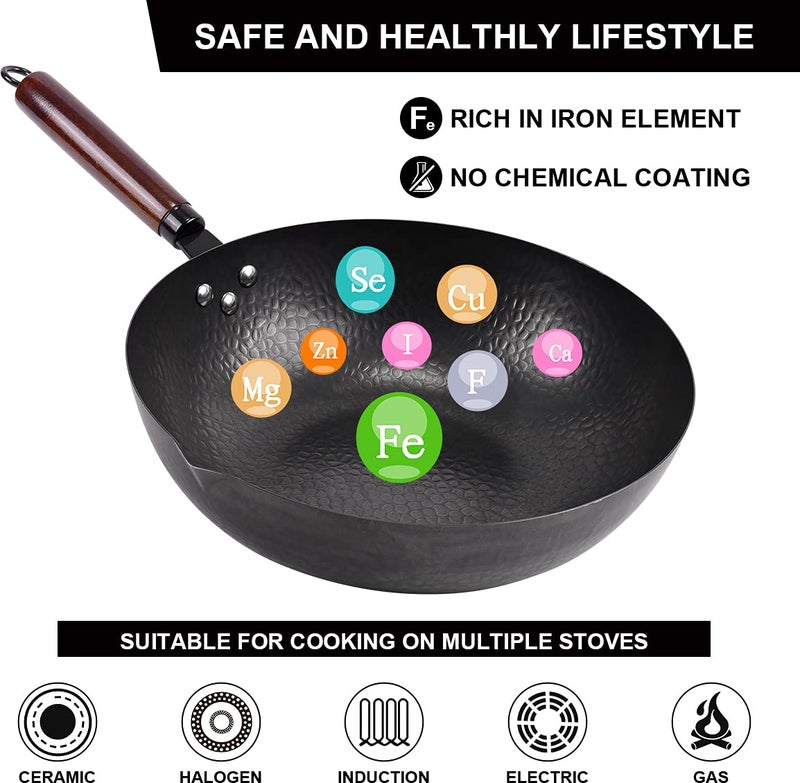 Leidawn 12.8" Carbon Steel Wok-11Pcs Woks & Stir Fry Pans Wok Pan with Lid, No Chemical Coated Chinese Wok with 10 Cookware Accessories, Flat Bottom Wok for Electric, Induction,Gas Stoves - Image 3