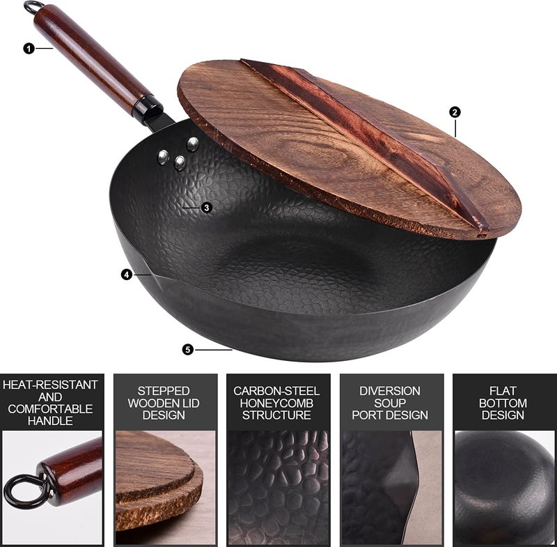 Leidawn 12.8" Carbon Steel Wok-11Pcs Woks & Stir Fry Pans Wok Pan with Lid, No Chemical Coated Chinese Wok with 10 Cookware Accessories, Flat Bottom Wok for Electric, Induction,Gas Stoves - Image 2