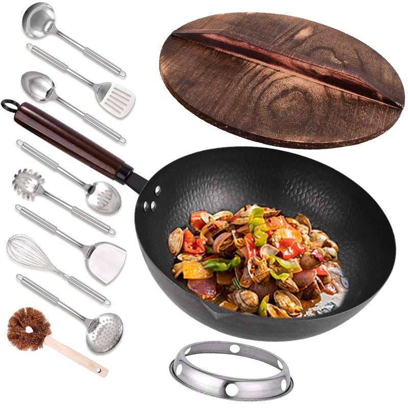 Leidawn 12.8" Carbon Steel Wok-11Pcs Woks & Stir Fry Pans Wok Pan with Lid, No Chemical Coated Chinese Wok with 10 Cookware Accessories, Flat Bottom Wok for Electric, Induction,Gas Stoves - Image 1