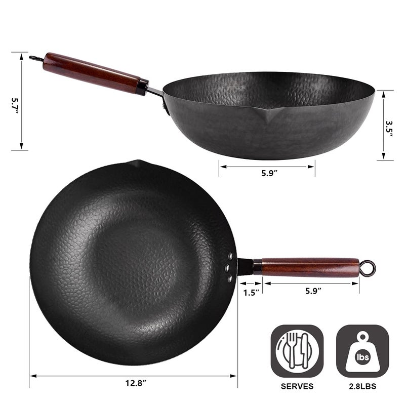 Leidawn 12.8" Carbon Steel Wok-11Pcs Woks & Stir Fry Pans Wok Pan with Lid, No Chemical Coated Chinese Wok with 10 Cookware Accessories, Flat Bottom Wok for Electric, Induction,Gas Stoves - Image 4