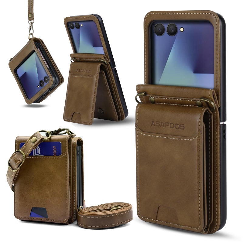 ASAPDOS for Samsung Galaxy Z Flip 7 PU Leather Wallet Phone Case with Card Slots (Holds 5-7 Cards), Anti-Drop Protection, Wrist & Shoulder Strap Coffee - Image 1