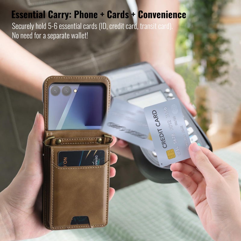 ASAPDOS for Samsung Galaxy Z Flip 7 PU Leather Wallet Phone Case with Card Slots (Holds 5-7 Cards), Anti-Drop Protection, Wrist & Shoulder Strap Coffee - Image 4