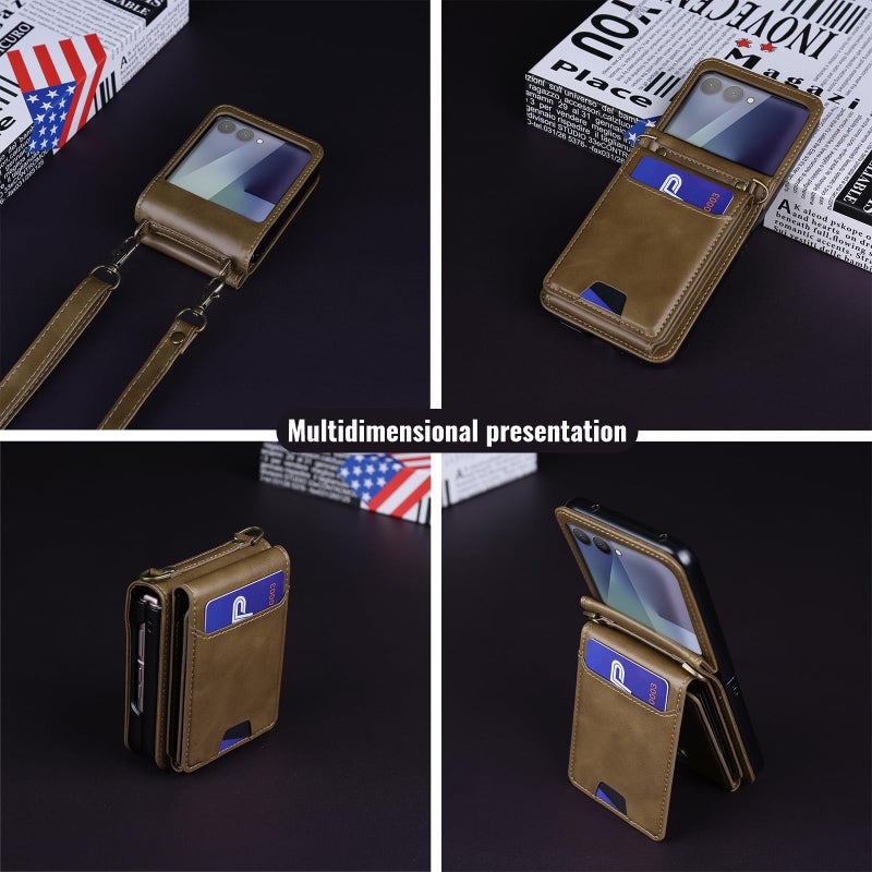 ASAPDOS for Samsung Galaxy Z Flip 7 PU Leather Wallet Phone Case with Card Slots (Holds 5-7 Cards), Anti-Drop Protection, Wrist & Shoulder Strap Coffee - Image 3